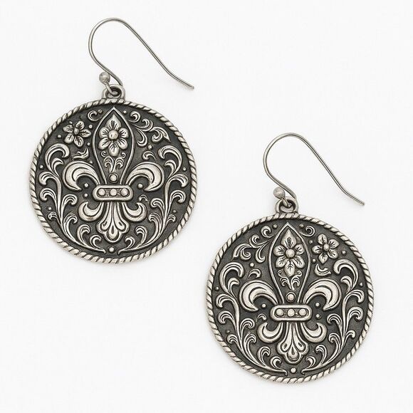 Vintage Style Silver Fleur-de-Lis Round Dangle Earrings Boho Western Chic - Picture 1 of 5